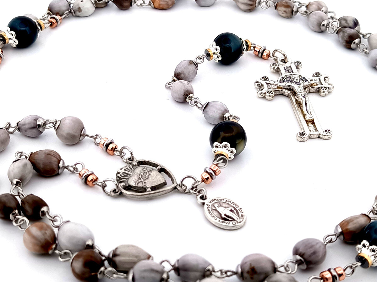 Sacred Heart job tears and tigers eye gemstone rosary beads with Saint Benedict scroll crucifix.