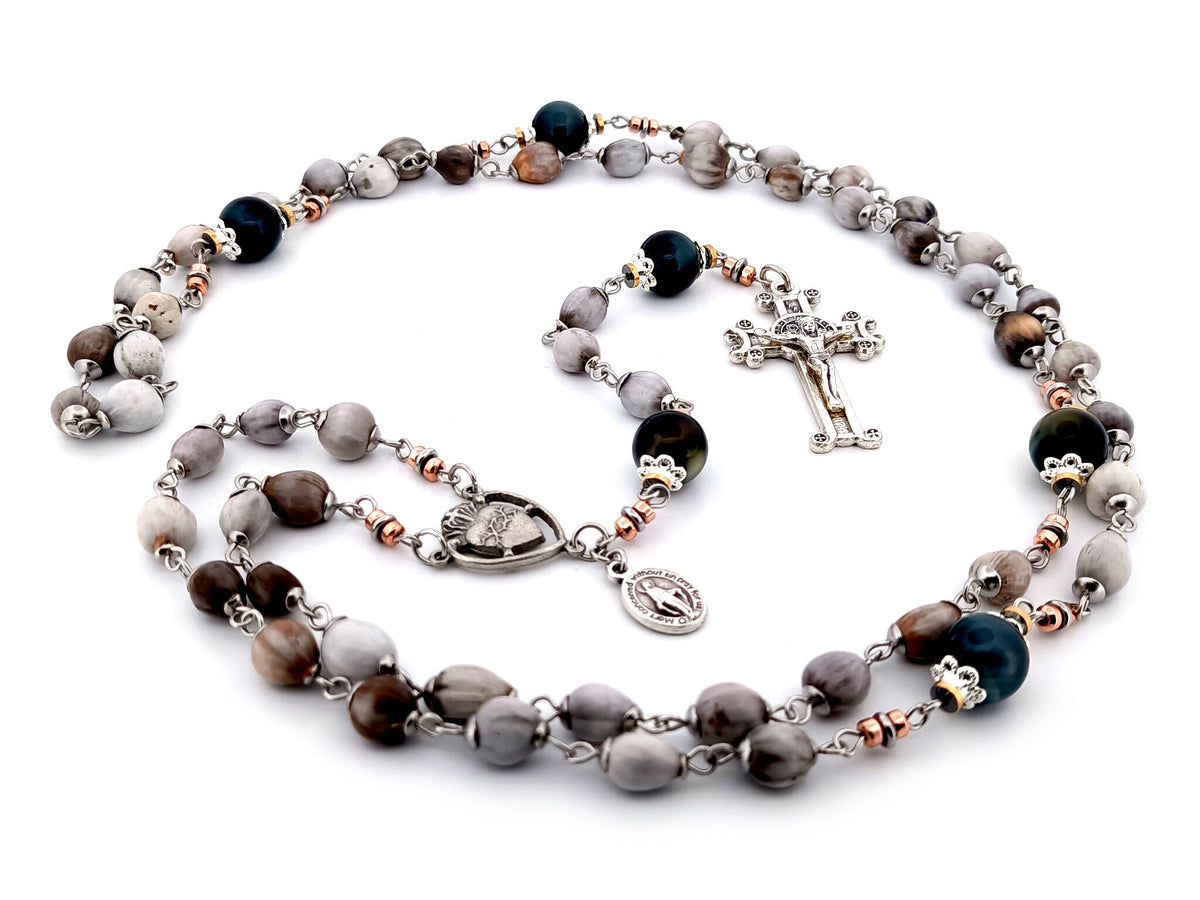 Sacred Heart job tears and tigers eye gemstone rosary beads with Saint Benedict scroll crucifix.