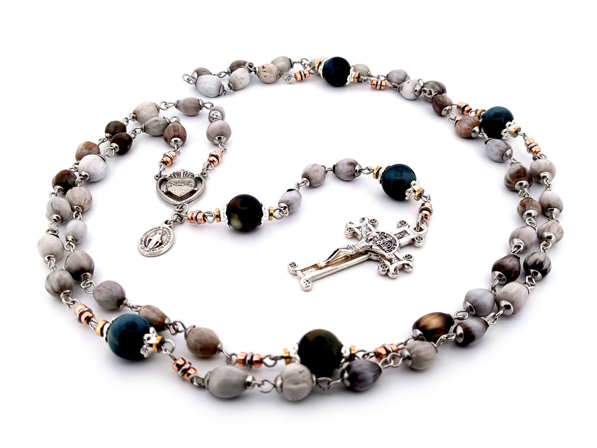 Sacred Heart job tears and tigers eye gemstone rosary beads with Saint Benedict scroll crucifix.
