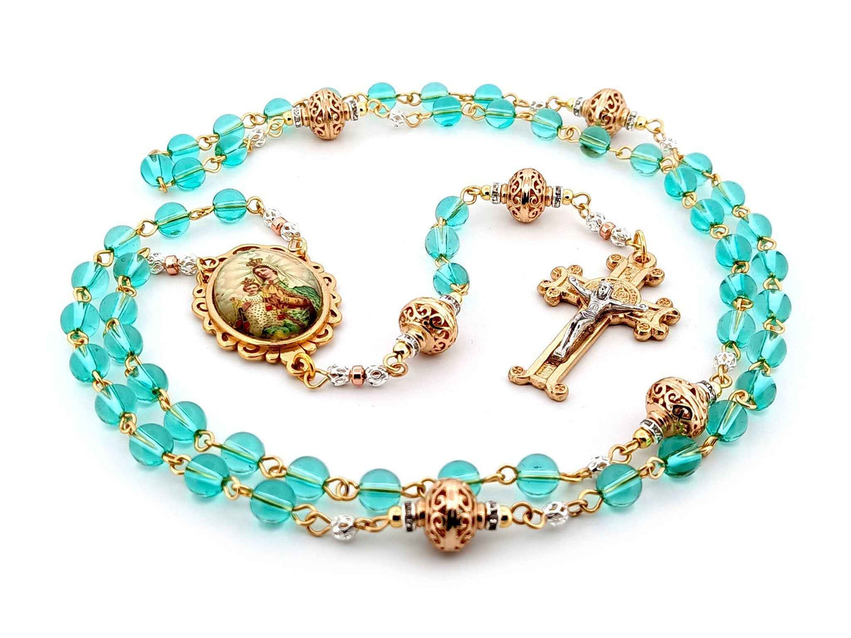 Our Lady of Mount Carmel Austrian crystal and gold rosary beads with gold scroll Saint Benedict crucifix.