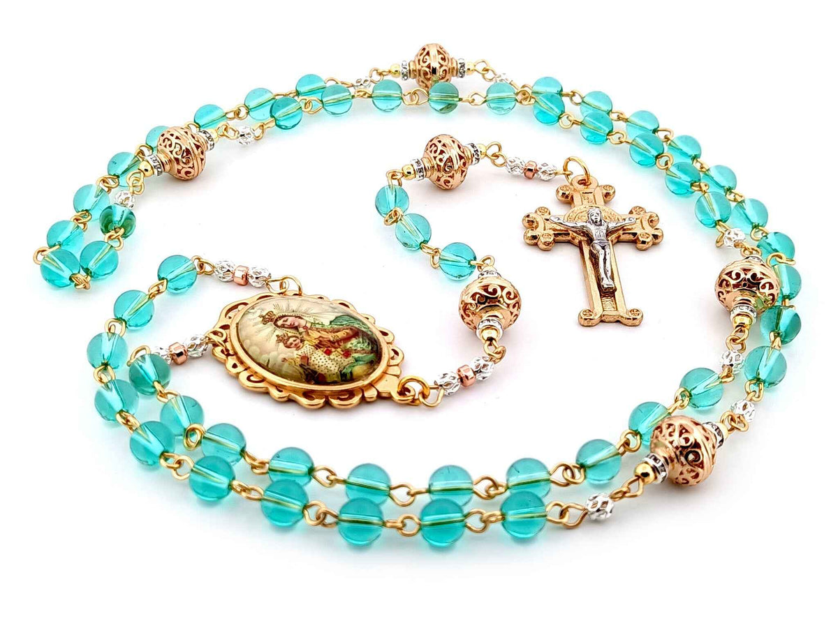 Our Lady of Mount Carmel Austrian crystal and gold rosary beads with gold scroll Saint Benedict crucifix.