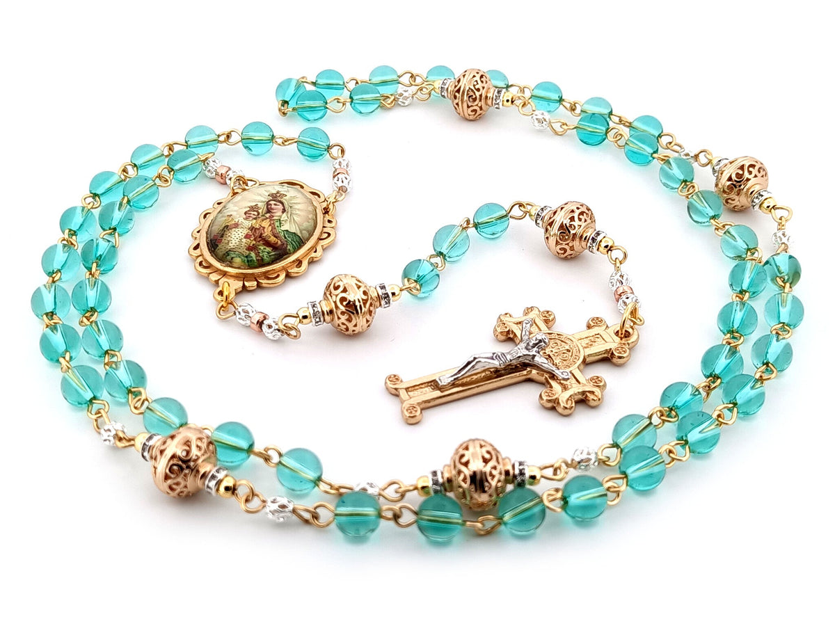 Our Lady of Mount Carmel Austrian crystal and gold rosary beads with gold scroll Saint Benedict crucifix.
