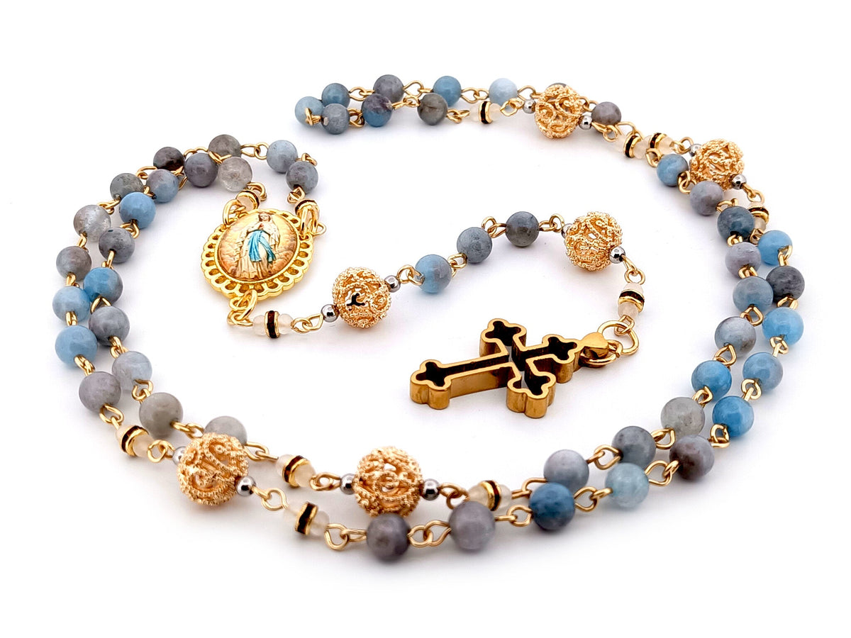 Immaculate Conception aqua marine gemstone and 18K gold rosary beads with gold plated 3D cross.