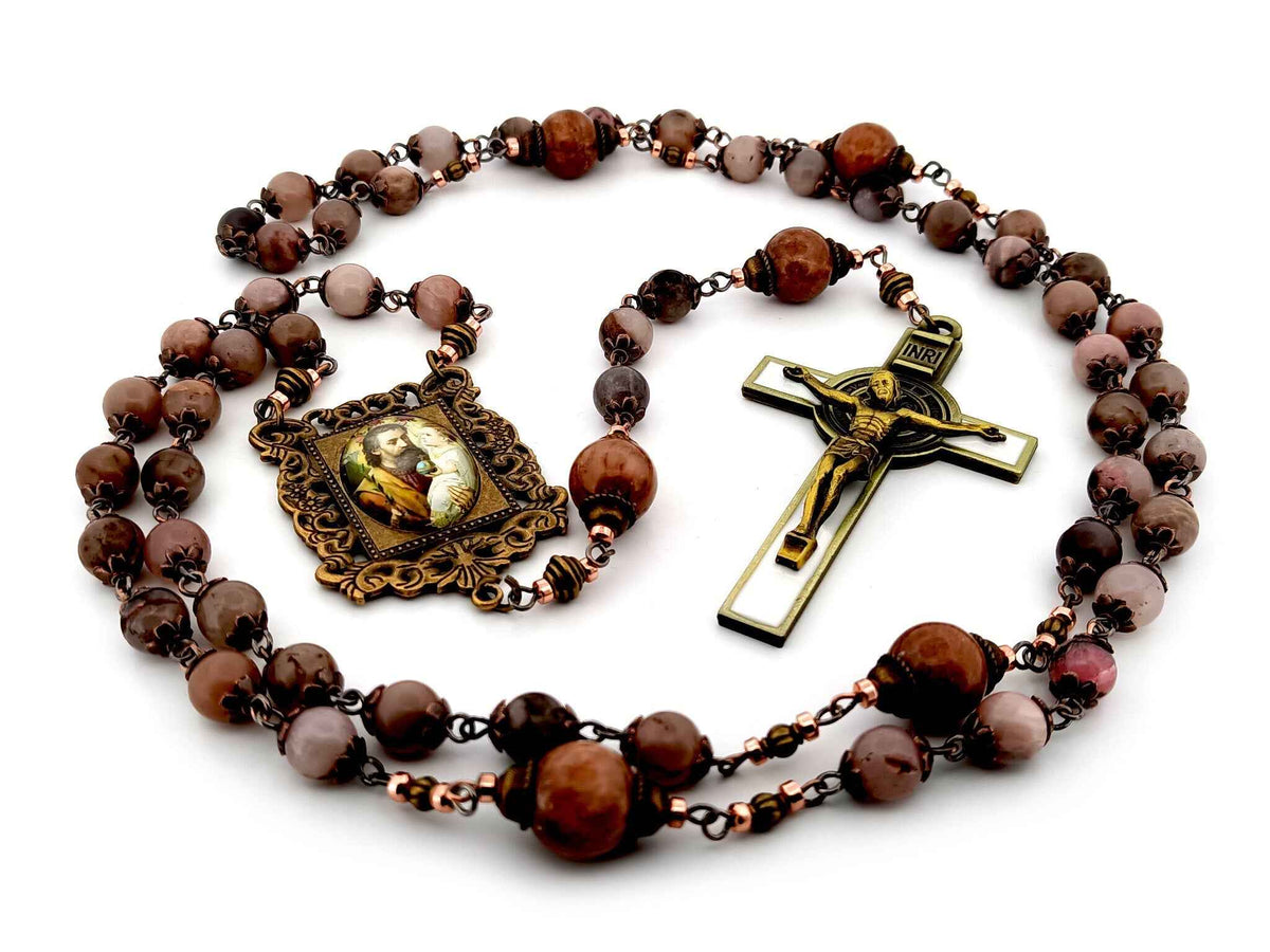 Saint Joseph rhodonite and jasper gemstone rosary beads with white enamel brass Saint Benedict crucifix.