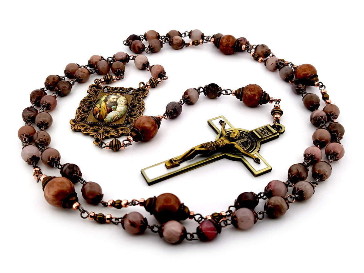 Saint Joseph rhodonite and jasper gemstone rosary beads with white enamel brass Saint Benedict crucifix.