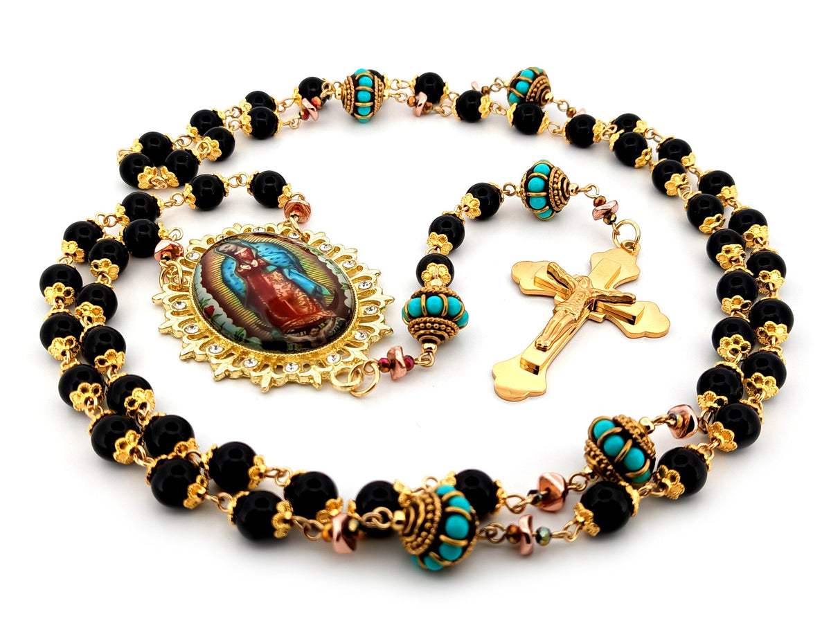 Our Lady of Guadalupe onyx gemstone rosary beads with gold plated 3D stainless steel crucifix.