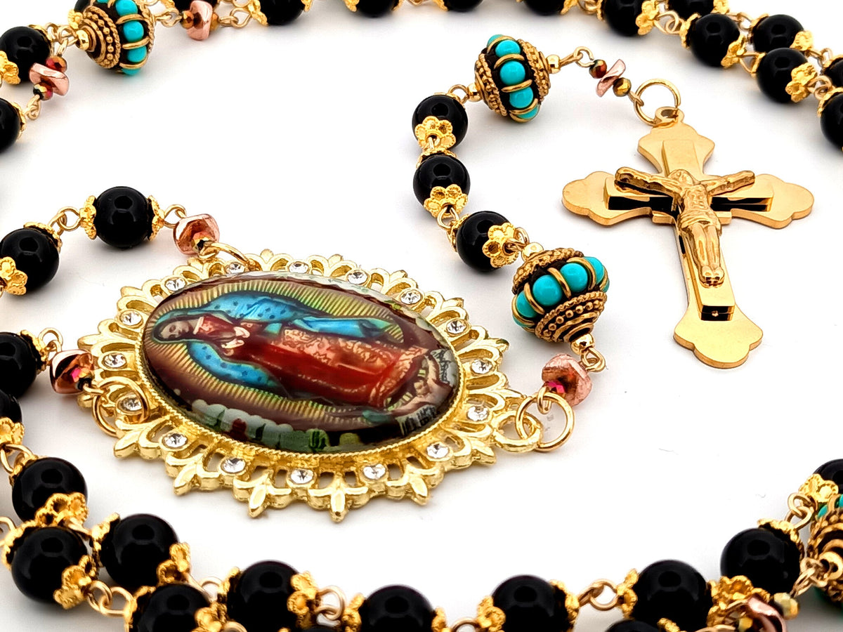 Our Lady of Guadalupe onyx gemstone rosary beads with gold plated 3D stainless steel crucifix.