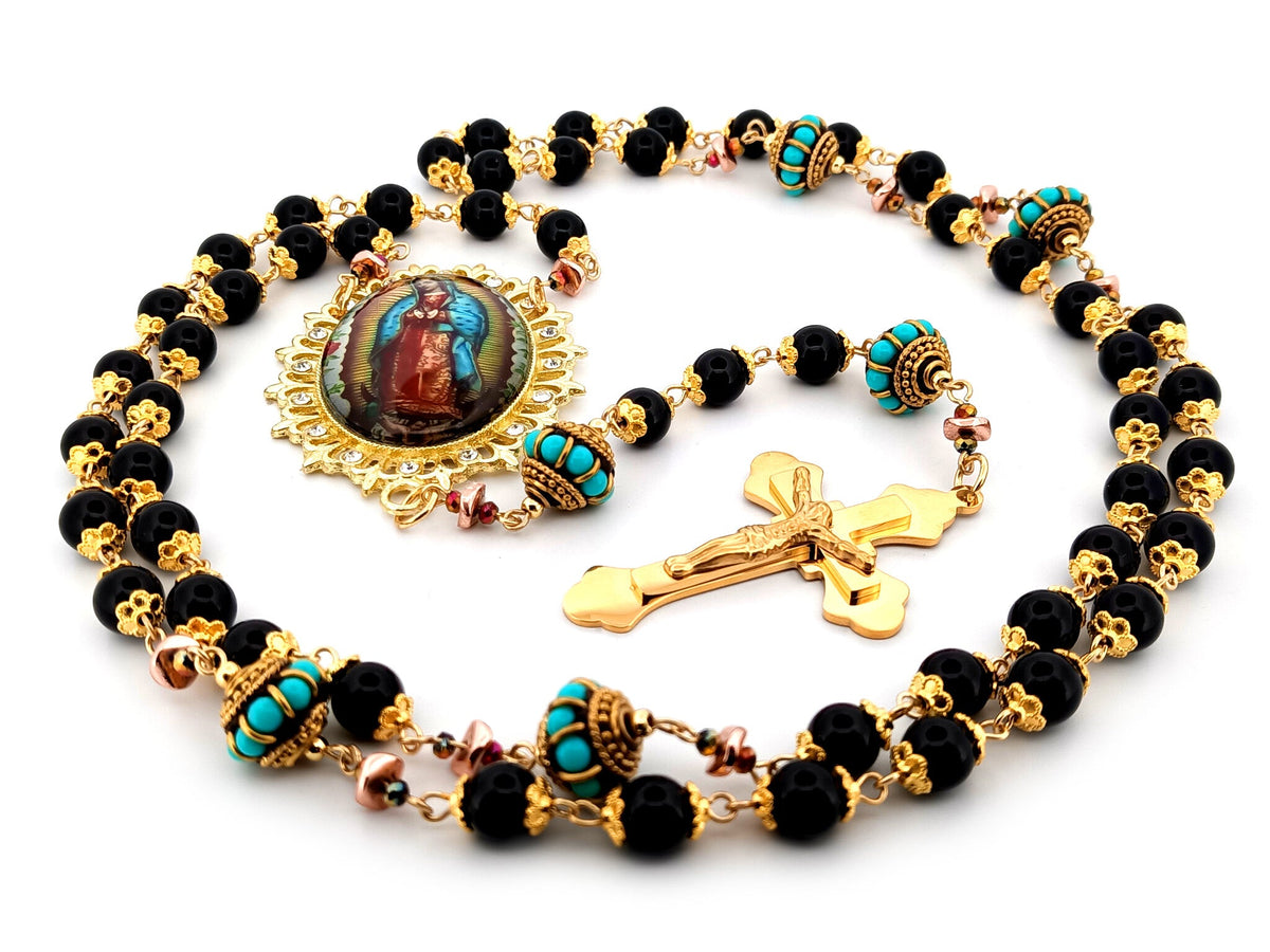 Our Lady of Guadalupe onyx gemstone rosary beads with gold plated 3D stainless steel crucifix.