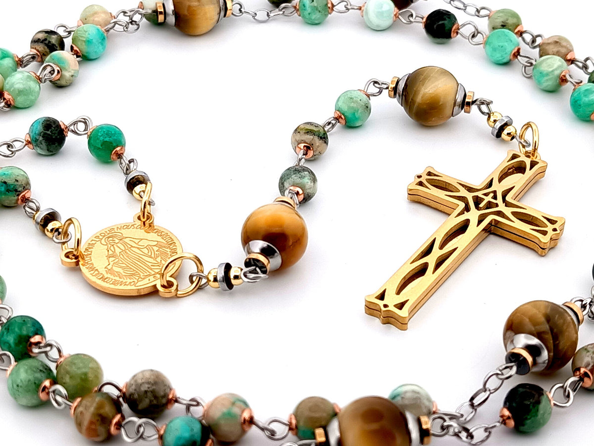 Miraculous medal line green jasper and tigers eye gemstone rosary beads with gold plated 3D lattice crucifix.