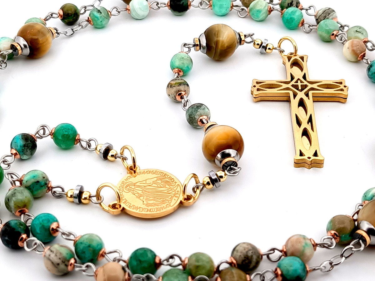 Miraculous medal line green jasper and tigers eye gemstone rosary beads with gold plated 3D lattice crucifix.