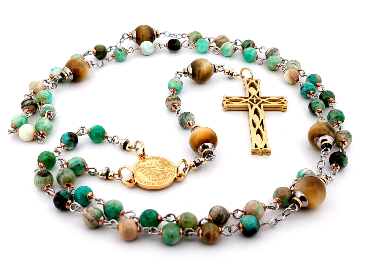 Miraculous medal line green jasper and tigers eye gemstone rosary beads with gold plated 3D lattice crucifix.