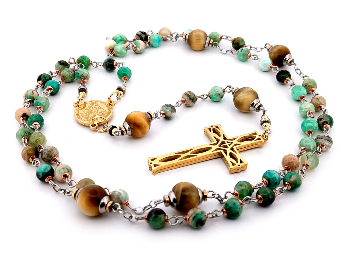 Miraculous medal line green jasper and tigers eye gemstone rosary beads with gold plated 3D lattice crucifix.