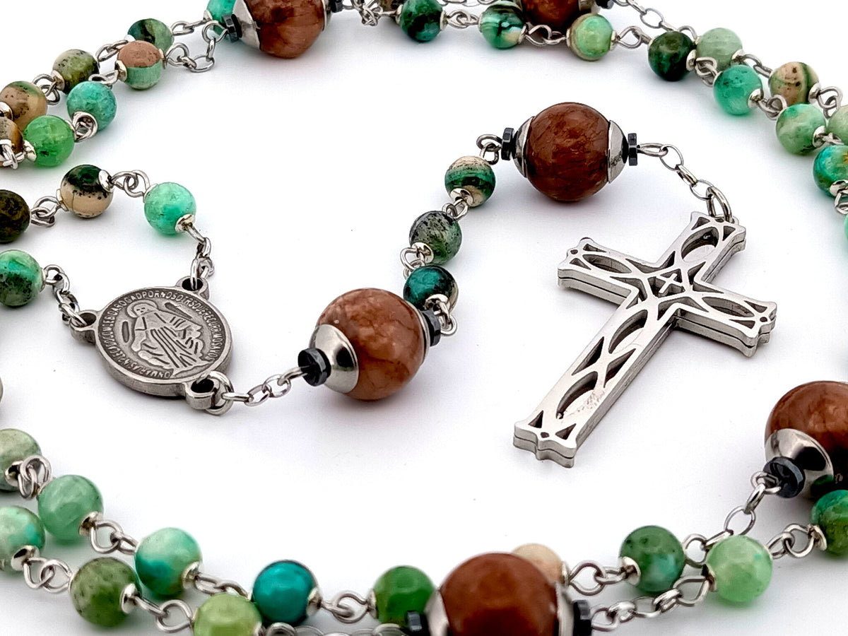 Miraculous Medal line green jasper and marble agate gemstone rosary beads with stainless steel lattice cross.