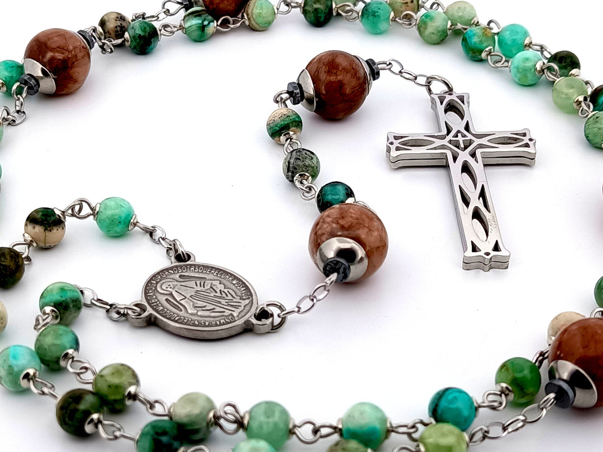 Miraculous Medal line green jasper and marble agate gemstone rosary beads with stainless steel lattice cross.