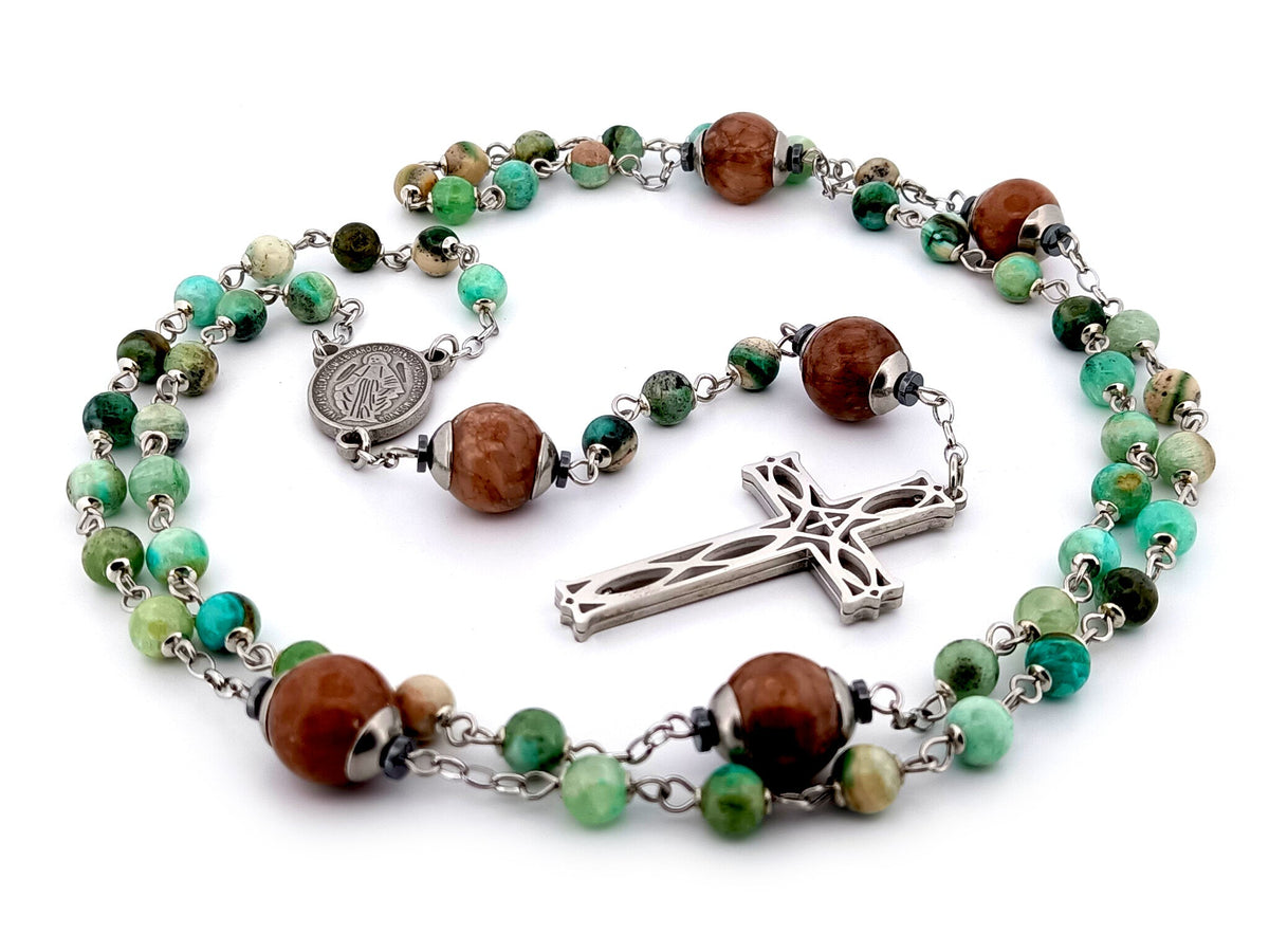 Miraculous Medal line green jasper and marble agate gemstone rosary beads with stainless steel lattice cross.