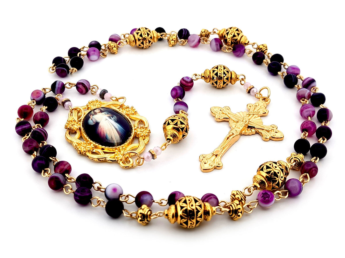 Divine Mercy purple striped agate and gold gemstone rosary beads with gold plated sunburst crucifix.