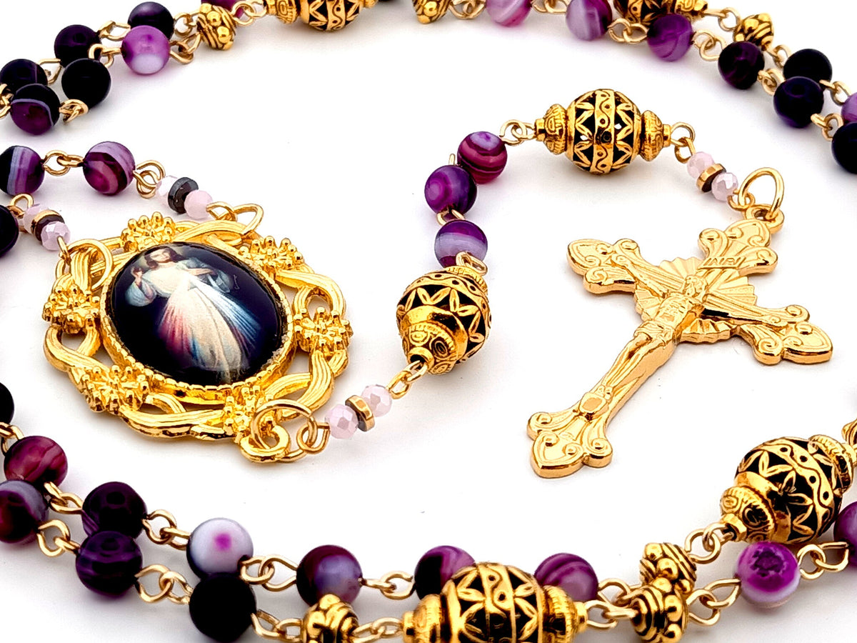 Divine Mercy purple striped agate and gold gemstone rosary beads with gold plated sunburst crucifix.