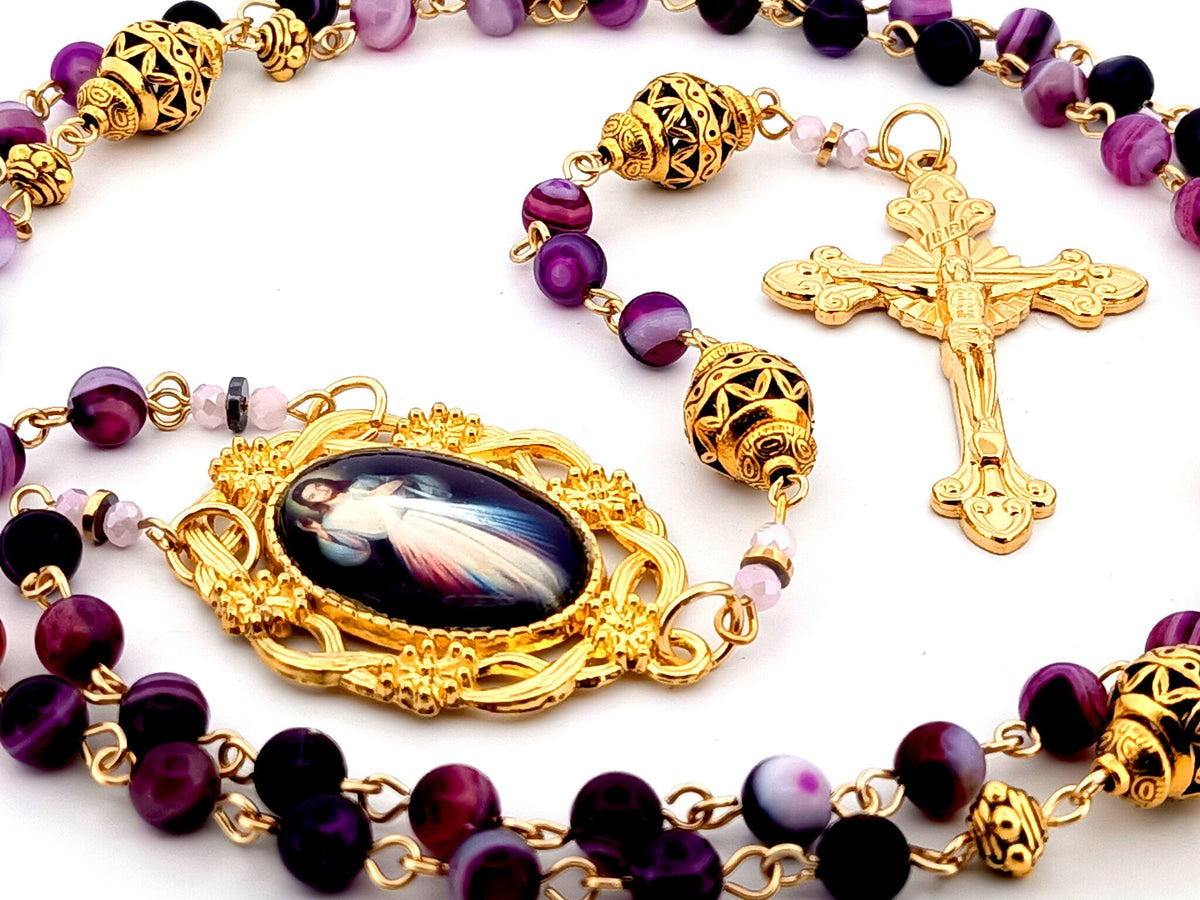 Divine Mercy purple striped agate and gold gemstone rosary beads with gold plated sunburst crucifix.