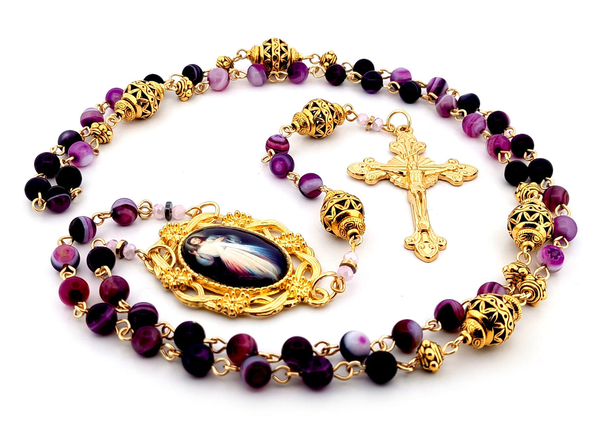 Divine Mercy purple striped agate and gold gemstone rosary beads with gold plated sunburst crucifix.
