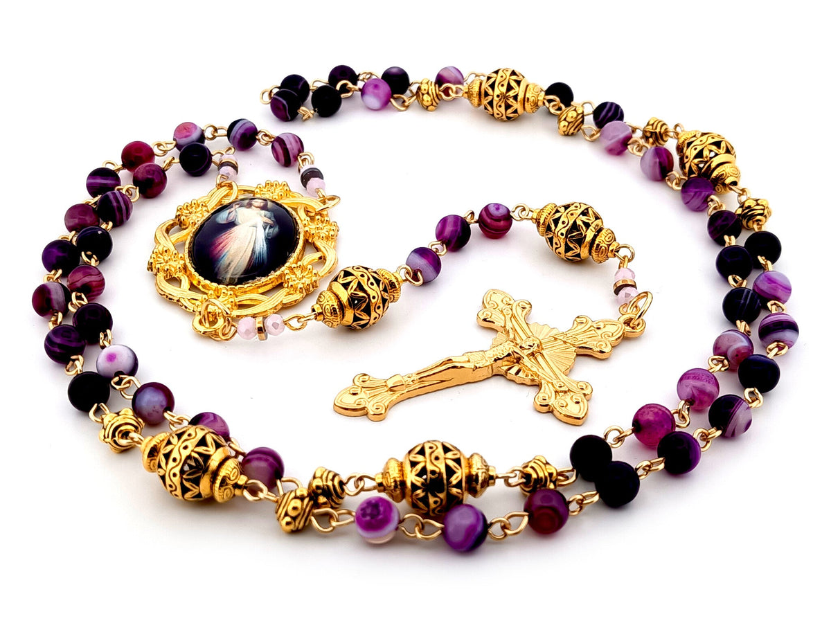 Divine Mercy purple striped agate and gold gemstone rosary beads with gold plated sunburst crucifix.