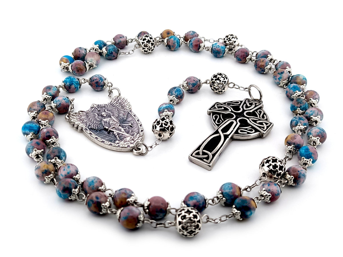 Saint Michael the archangel cyan dark marble gemstone and silver rosary beads with Celtic cross.