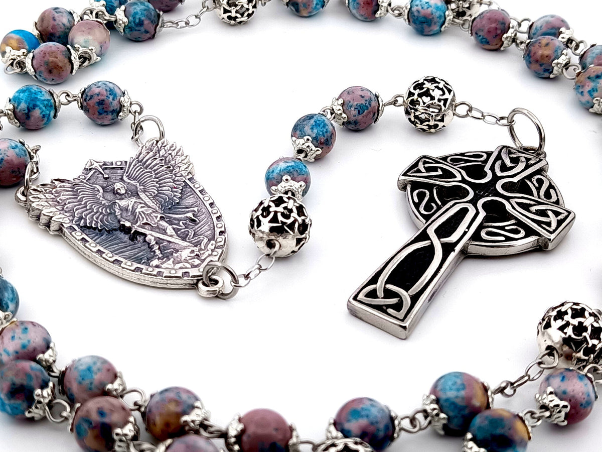Saint Michael the archangel cyan dark marble gemstone and silver rosary beads with Celtic cross.