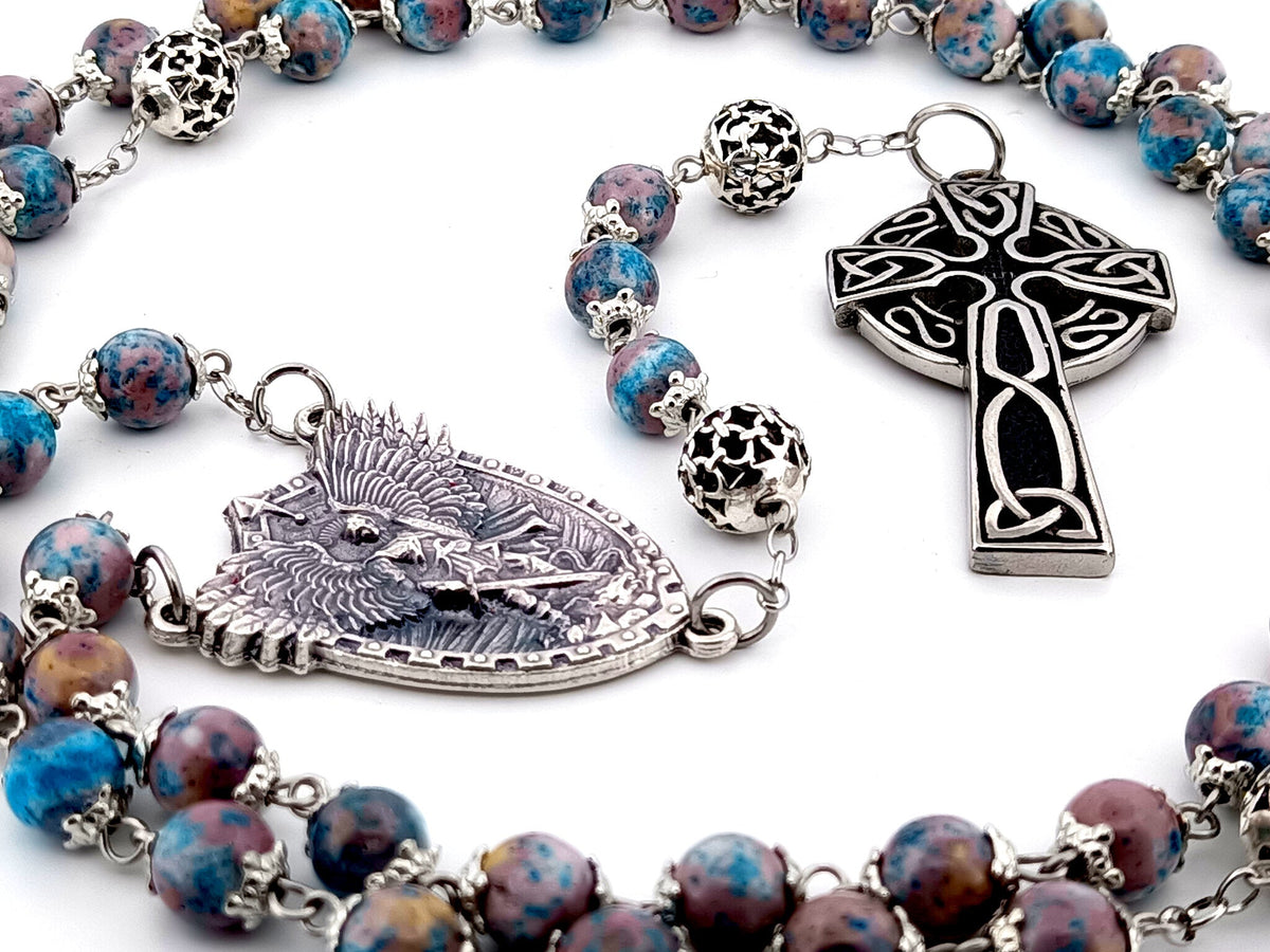 Saint Michael the archangel cyan dark marble gemstone and silver rosary beads with Celtic cross.
