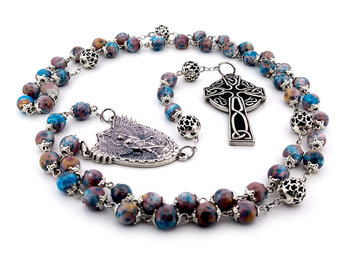 Saint Michael the archangel cyan dark marble gemstone and silver rosary beads with Celtic cross.