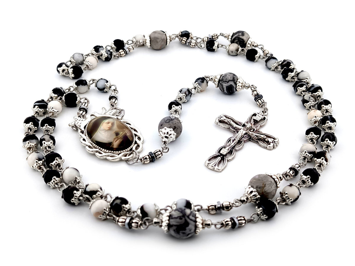 Saint Rita zebra and map jasper gemstone rosary beads with silver plated lily crucifix.