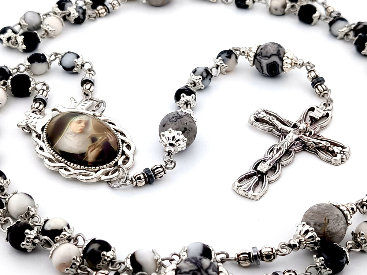 Saint Rita zebra and map jasper gemstone rosary beads with silver plated lily crucifix.