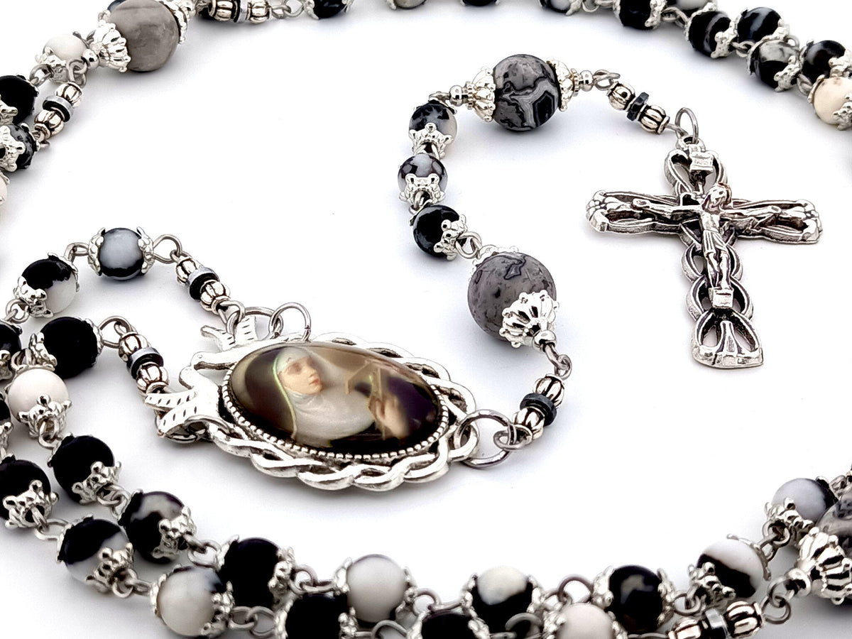 Saint Rita zebra and map jasper gemstone rosary beads with silver plated lily crucifix.