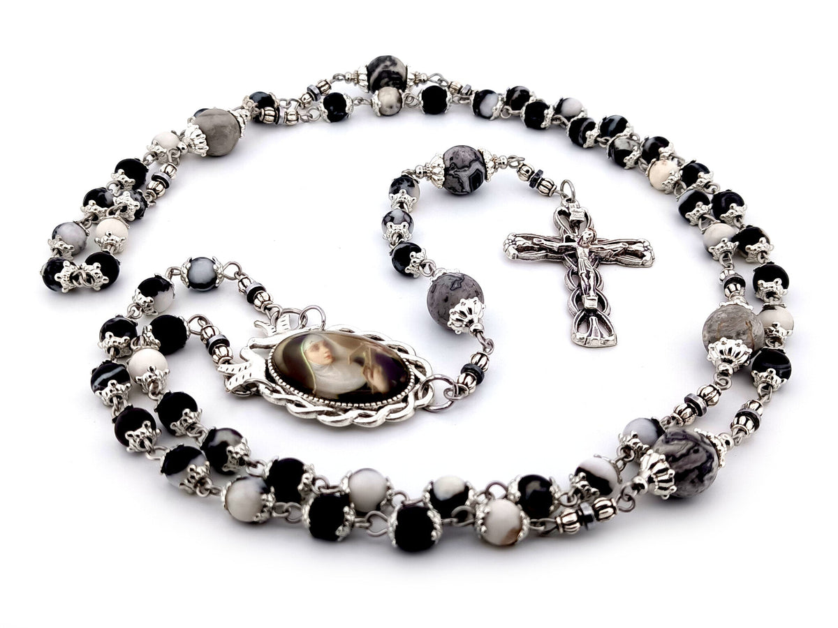Saint Rita zebra and map jasper gemstone rosary beads with silver plated lily crucifix.