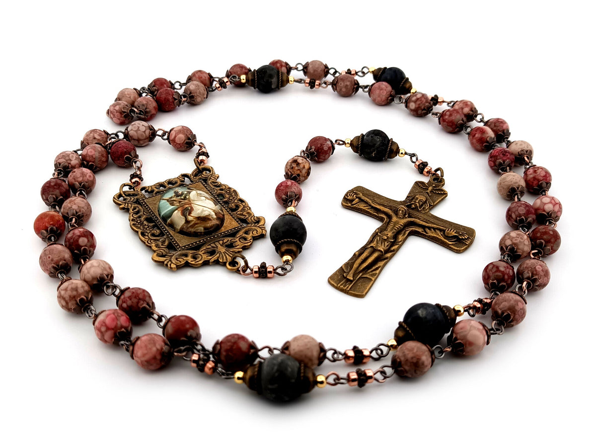 Saint George maifan stone and larvikite gemstone rosary beads with Trinity crucifix.