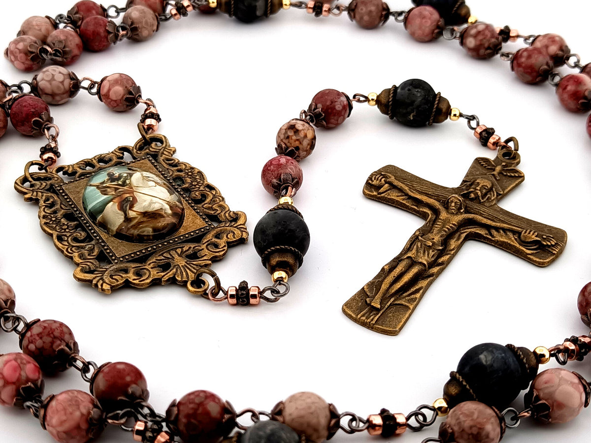 Saint George maifan stone and larvikite gemstone rosary beads with Trinity crucifix.