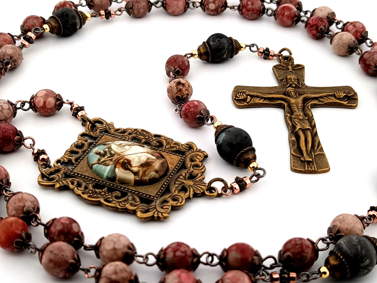 Saint George maifan stone and larvikite gemstone rosary beads with Trinity crucifix.