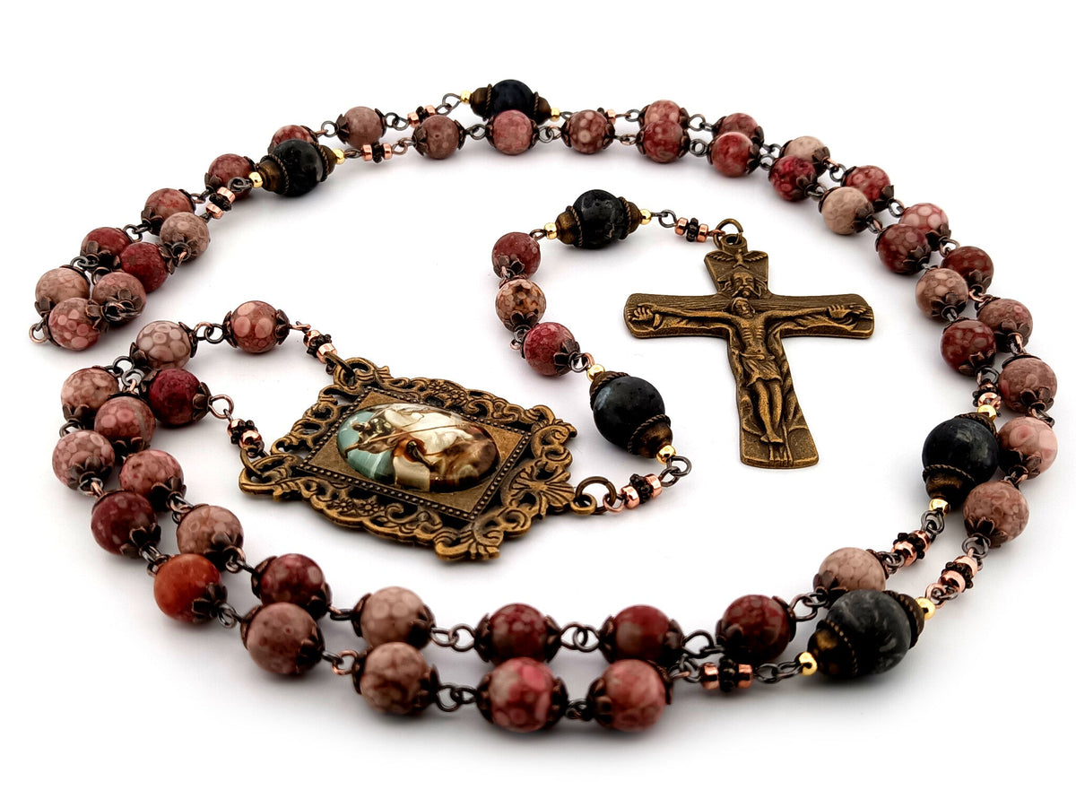 Saint George maifan stone and larvikite gemstone rosary beads with Trinity crucifix.