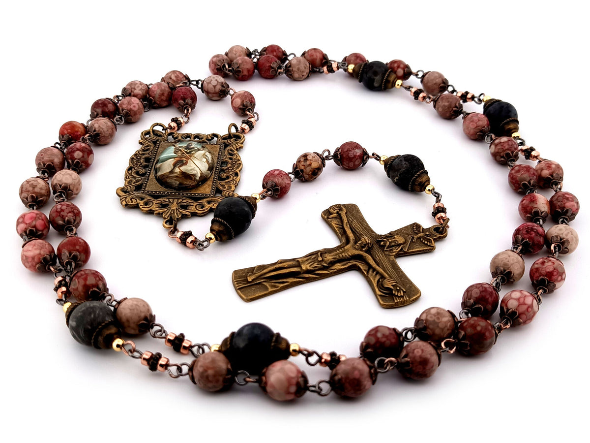 Saint George maifan stone and larvikite gemstone rosary beads with Trinity crucifix.