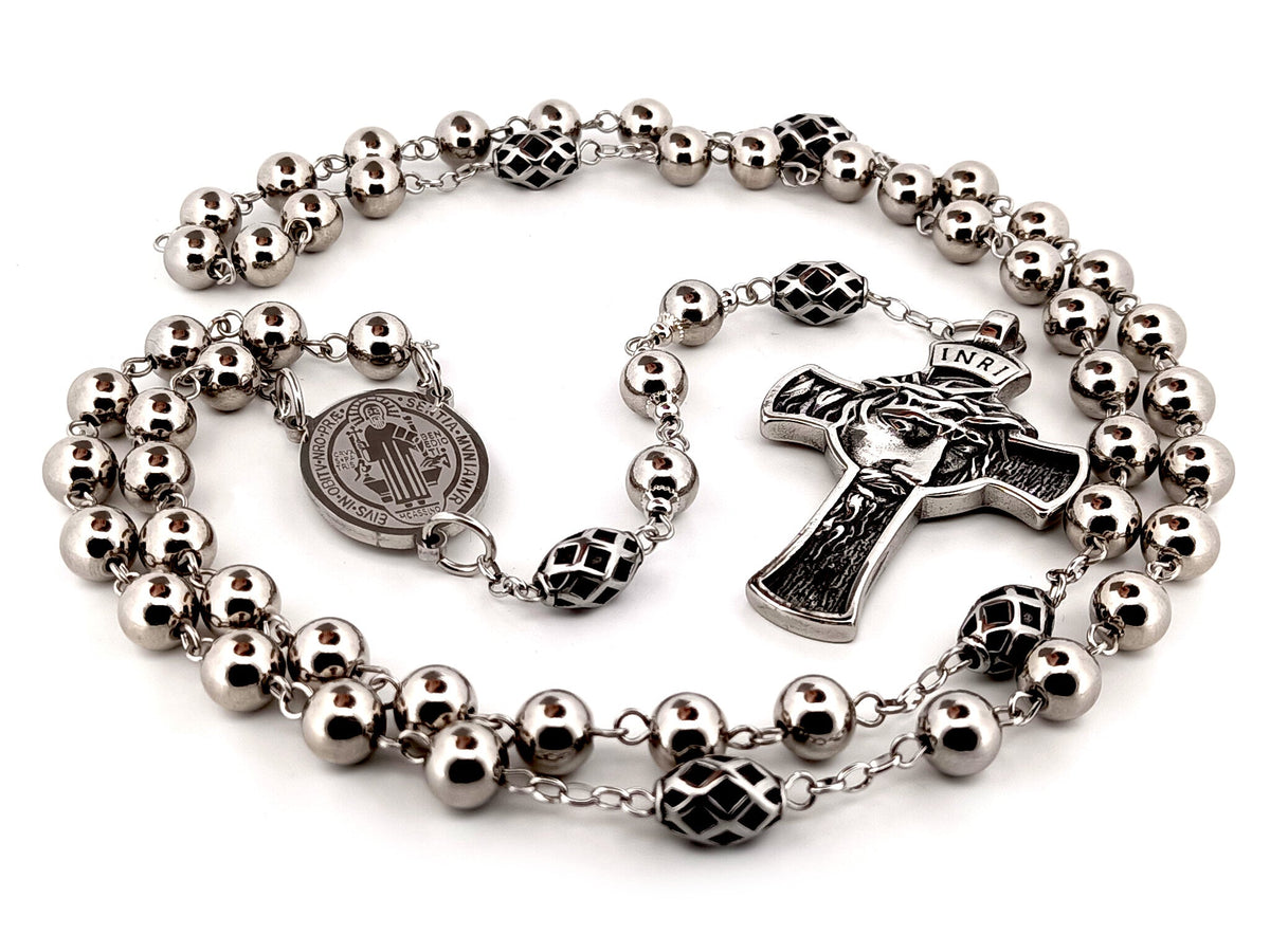 Saint Benedict stainless steel rosary beads with Crown of Thorns stainless steel crucifix.