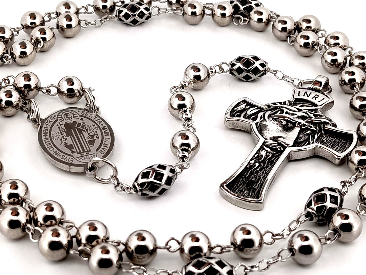 Saint Benedict stainless steel rosary beads with Crown of Thorns stainless steel crucifix.