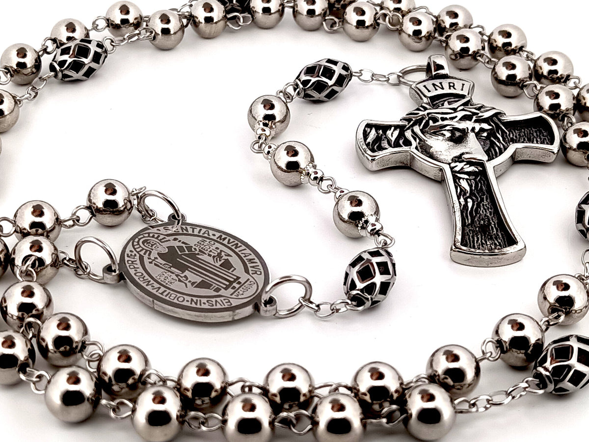 Saint Benedict stainless steel rosary beads with Crown of Thorns stainless steel crucifix.