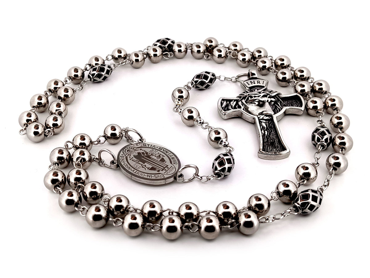 Saint Benedict stainless steel rosary beads with Crown of Thorns stainless steel crucifix.