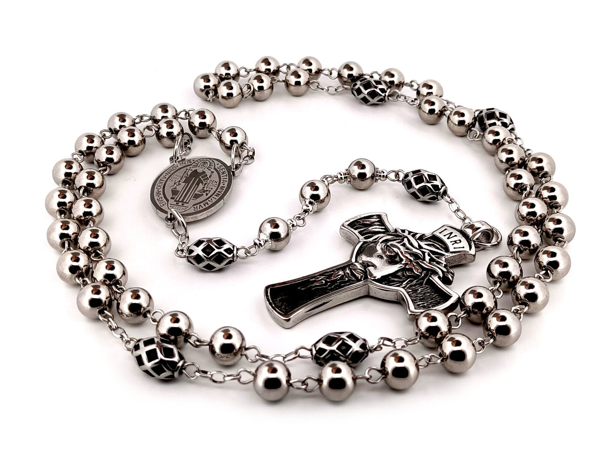 Saint Benedict stainless steel rosary beads with Crown of Thorns stainless steel crucifix.