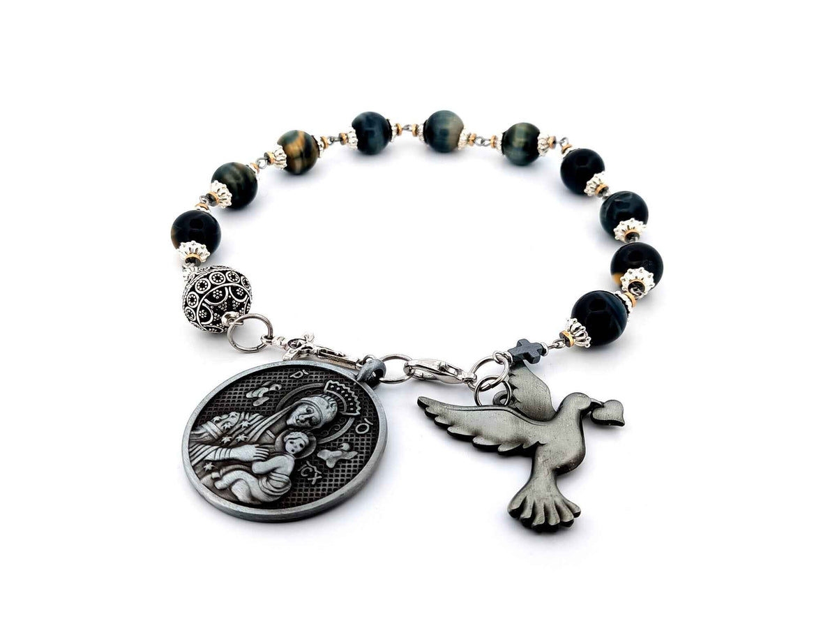 Our Lady of Perpetual Help tigers eye gemstone single decade rosary beads with large pewter dove medal.