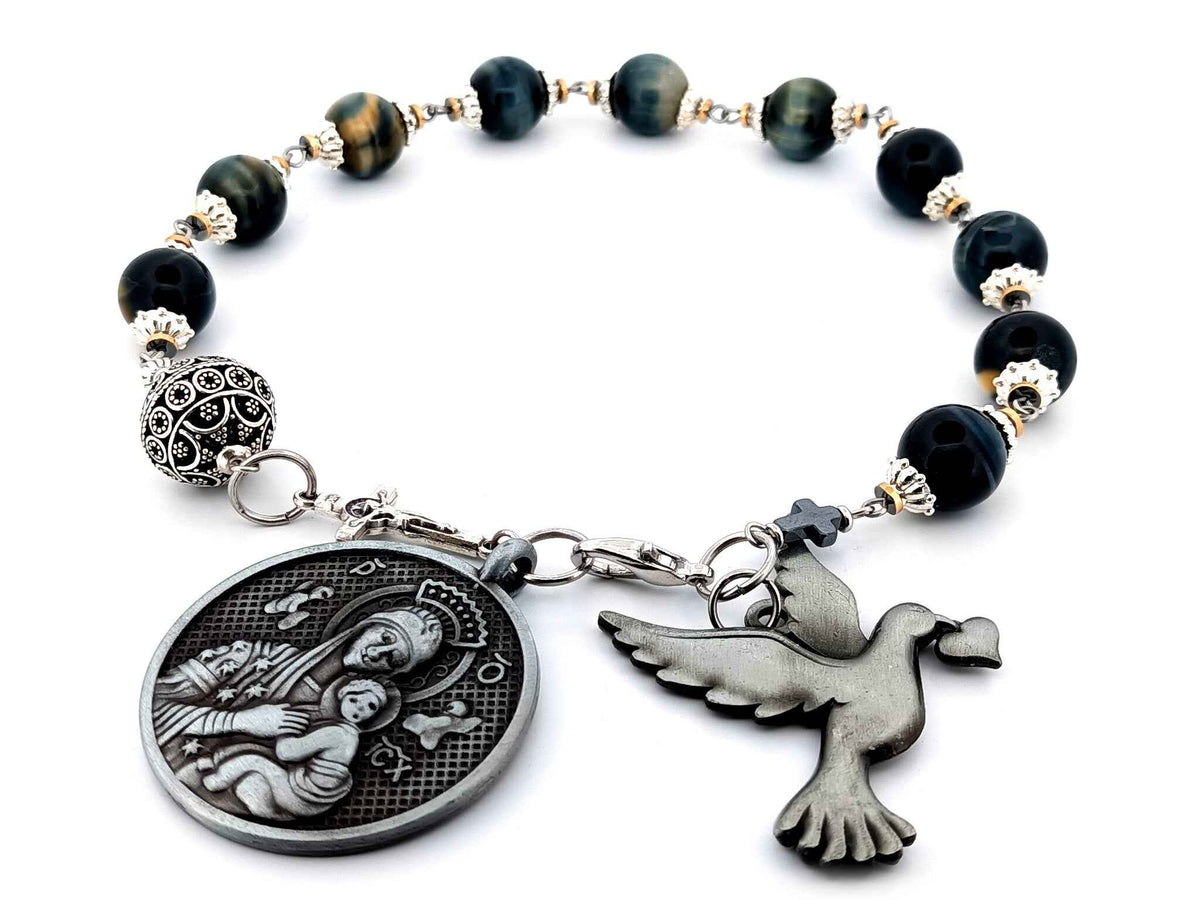 Our Lady of Perpetual Help tigers eye gemstone single decade rosary beads with large pewter dove medal.