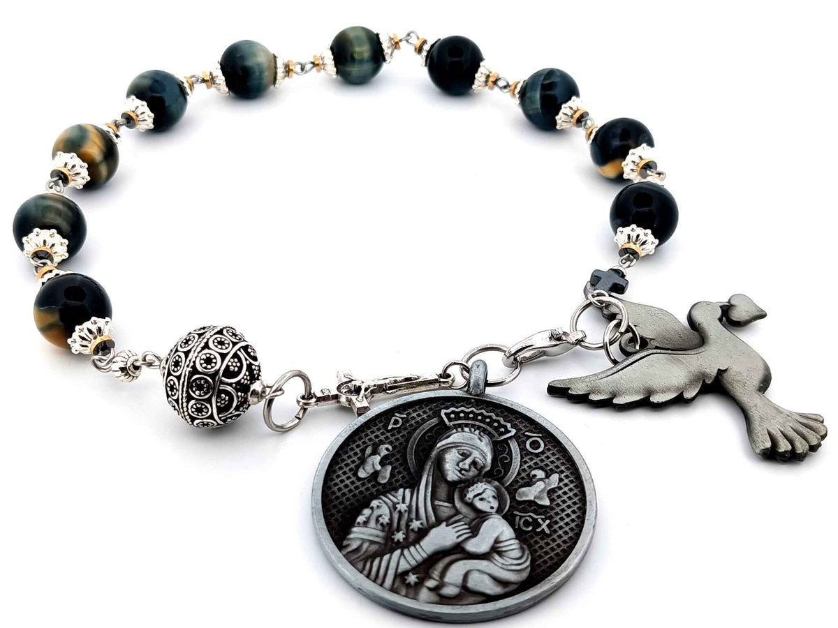 Our Lady of Perpetual Help tigers eye gemstone single decade rosary beads with large pewter dove medal.