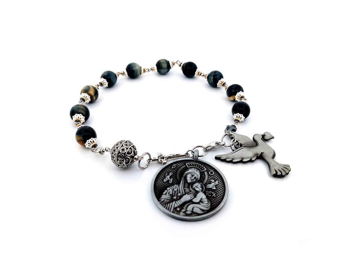 Our Lady of Perpetual Help tigers eye gemstone single decade rosary beads with large pewter dove medal.