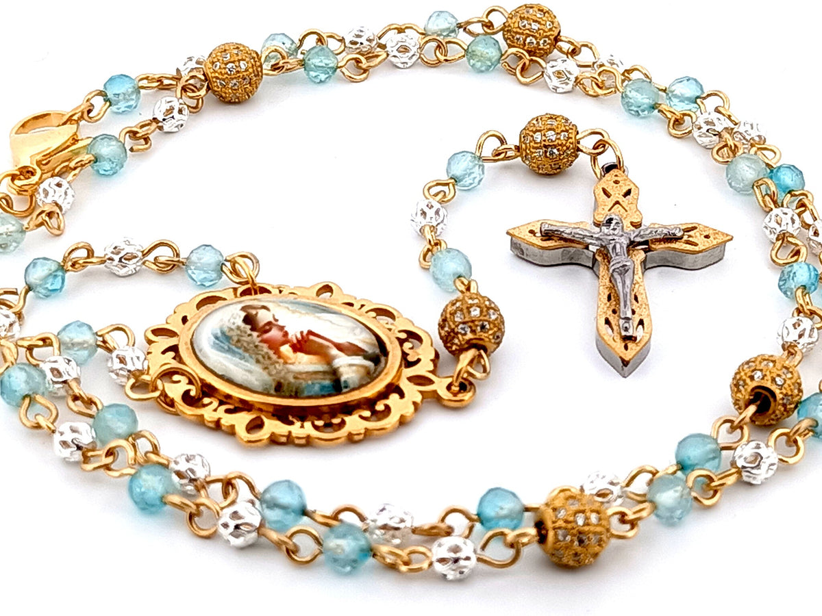 Virgin Mary topaz gemstone and 925 sterling silver rosary beads with mosaic 3D crucifix.