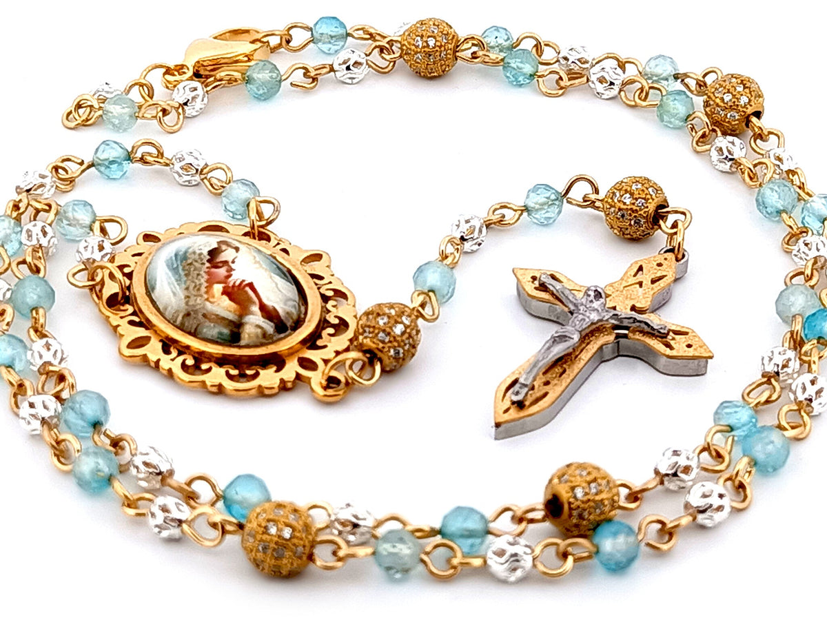 Virgin Mary topaz gemstone and 925 sterling silver rosary beads with mosaic 3D crucifix.
