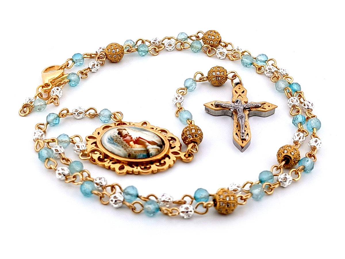Virgin Mary topaz gemstone and 925 sterling silver rosary beads with mosaic 3D crucifix.