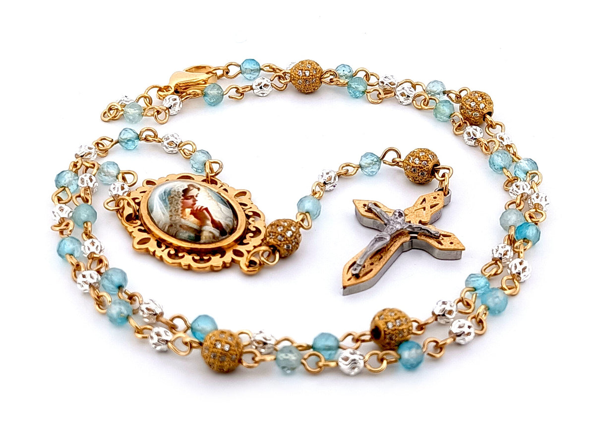 Virgin Mary topaz gemstone and 925 sterling silver rosary beads with mosaic 3D crucifix.